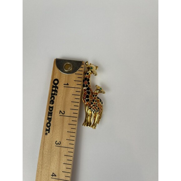 Vintage Giraffe Mother & Baby Brooch Gold Tone Enamel Amber Rhinestones Animal - Picture 2 of 11